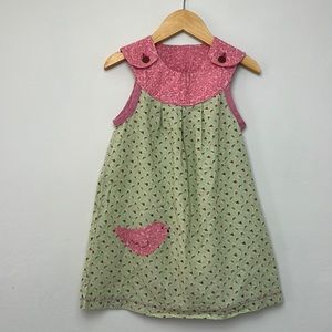 Handmade Vintage Style Bird Appliqué Dress Ditzy Floral Print 3T Green Pink Rose
